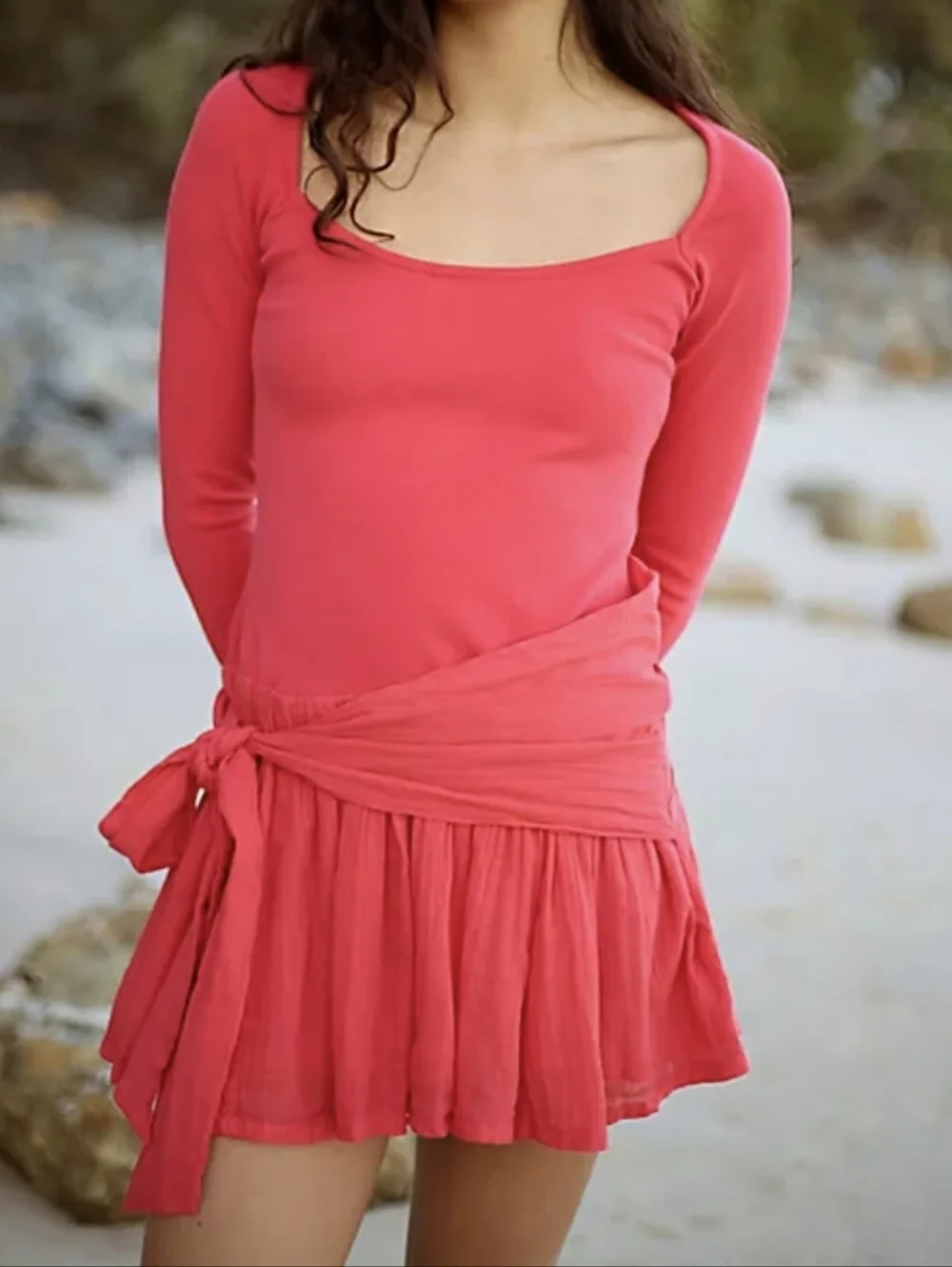 Free People NEW Free-est Coral Lexi Drop Tie Waist Mini Dress SZ Medium Coquette
